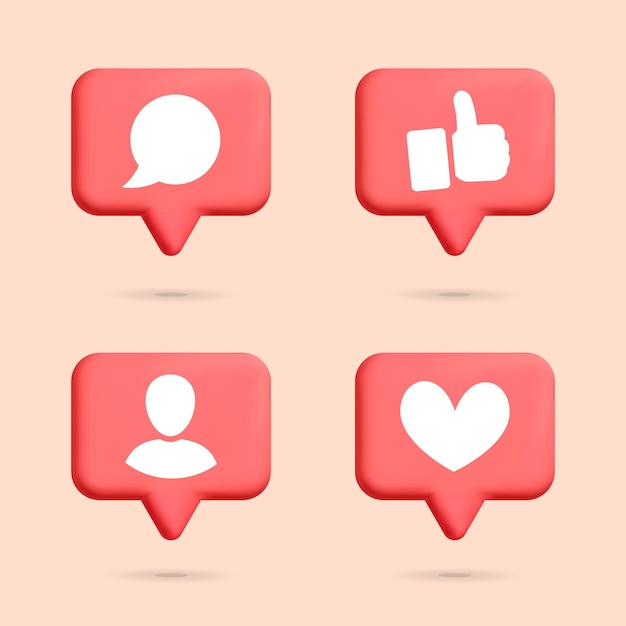 Conjunto de mídias sociais vetoriais 3d, como seguir o design do ícone da caixa de bolha de bate-papo