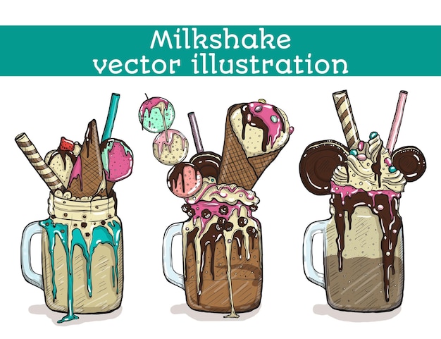 Vetor conjunto de milkshakes diferentes, milkshakes de chocolate, morango, baunilha e doces, ilustração vetorial dos desenhos animados, isolada em um fundo branco