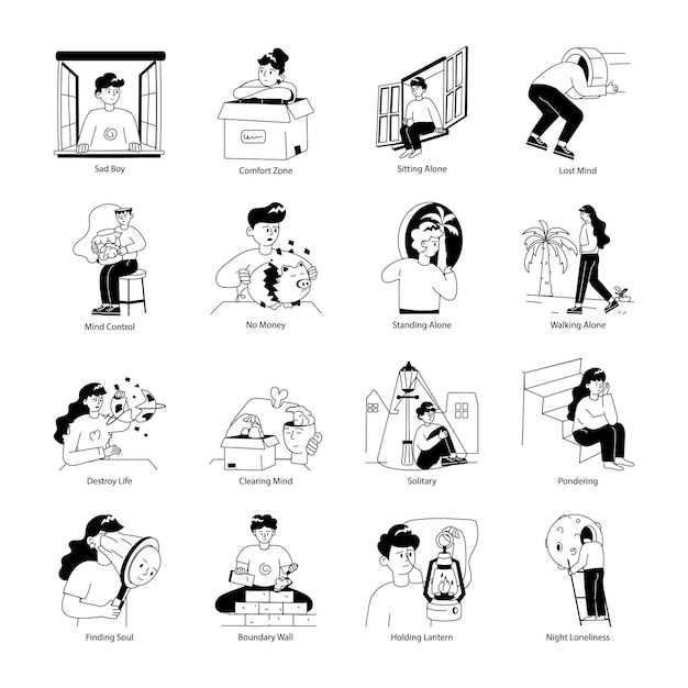 Conjunto de mini ilustrações desenhadas à mão de Solitude