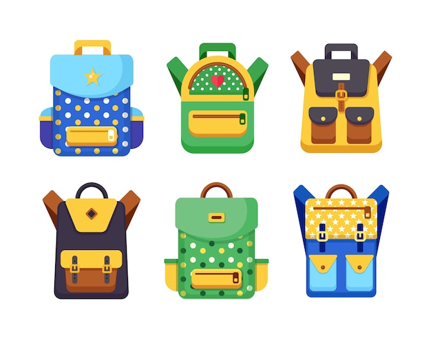 Conjunto de mochila escolar. mochila de crianças, mochila em fundo branco. bolsa com suprimentos, régua, lápis, papel. bolsa da pupila. educação infantil, volta às aulas. ilustração