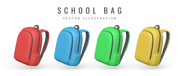 Conjunto de mochilas de desenho animado 3d mochilas realistas de volta ao conceito de escola ilustração vetorial