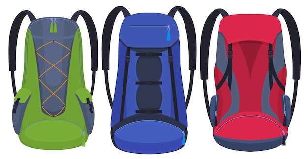 Conjunto de mochilas para caminhadas, diferentes formatos e cores de mochilas.