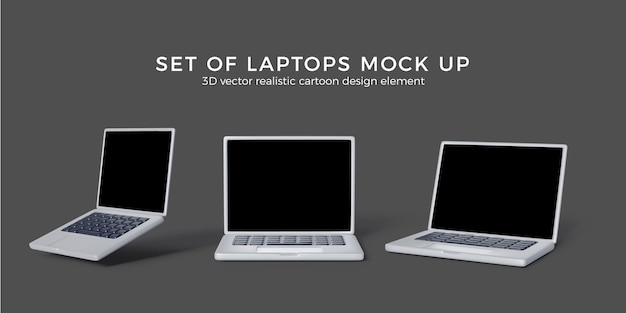 Vetor conjunto de mock up de laptop 3d renderização realista de laptop prateado aberto com telas pretas