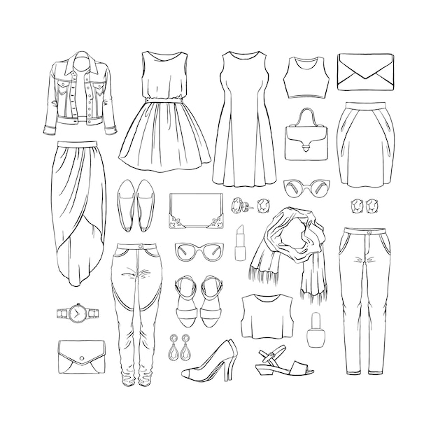 Conjunto de moda de roupas femininas. ilustração desenhada à mão