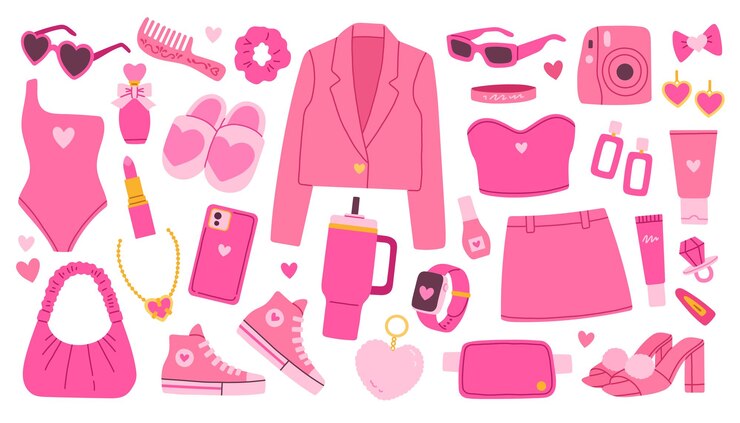 Vetor conjunto de moda rosa acessórios estéticos de boneca rosa e ilustração em vetor de roupas