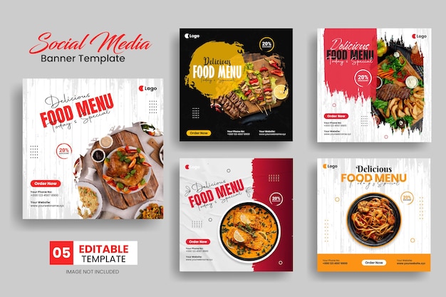 Conjunto de modelo de banner de promoção de mídia social de restaurante de menu de comida deliciosa