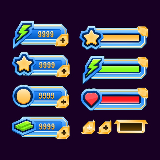 Conjunto de modelo de barra de painel de moldura de interface do usuário de jogo de diamante dourado para elementos de ativos de gui