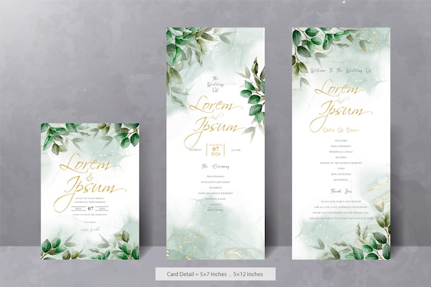 Conjunto de modelo de cartão de convite de casamento em aquarela de hortaliças com folhas desenhadas à mão