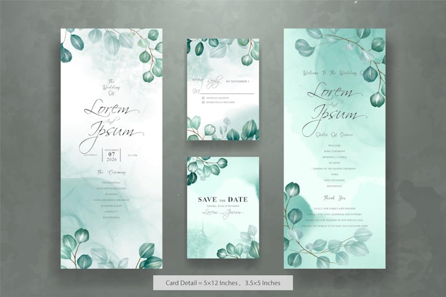 Conjunto de modelo de cartão de convite de casamento minimalista com arranjo de eucalipto verde