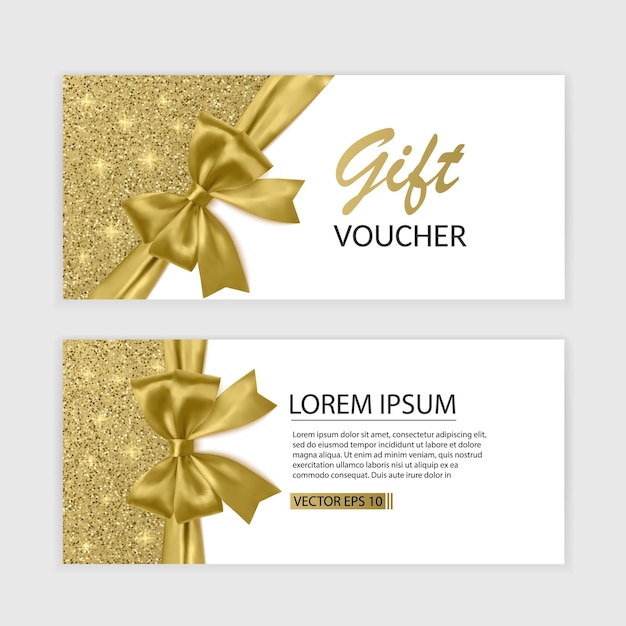 Conjunto de modelo de cartão de vale-presente, publicidade ou venda. modelo com textura de glitter e ilustração realista de arco,