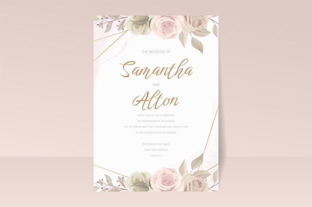 Conjunto de modelo de convite de casamento com decoração floral e de folhas