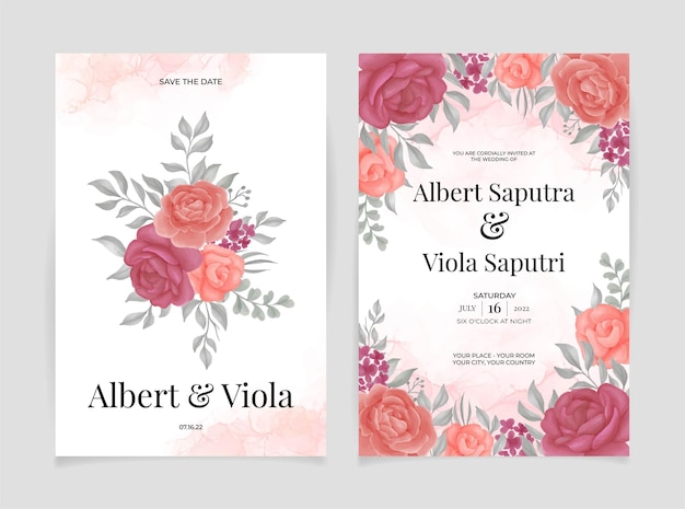 Conjunto de modelo de convite de casamento de cartão com aquarela de flor rosa