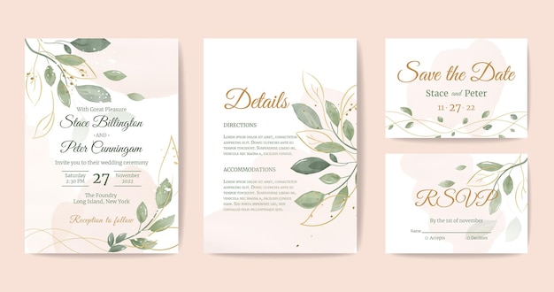 Conjunto de modelo de convite de casamento de cartões de detalhes salvar a aquarela rsvp de data em estilo moderno