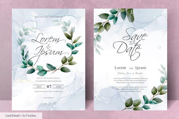 Conjunto de modelo de convite de casamento de moldura floral elegante com folhas de hortaliças desenhadas à mão