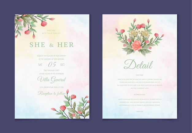 Conjunto de modelo de convite de casamento floral com decoração de folhas e flores de rosas marrons e pêssego
