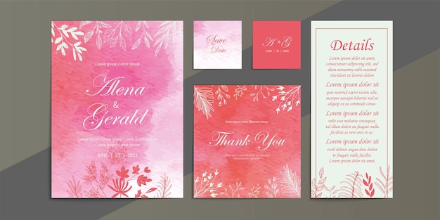 Conjunto de modelo de convite de fundo aquarela floral rosa cartão de casamento