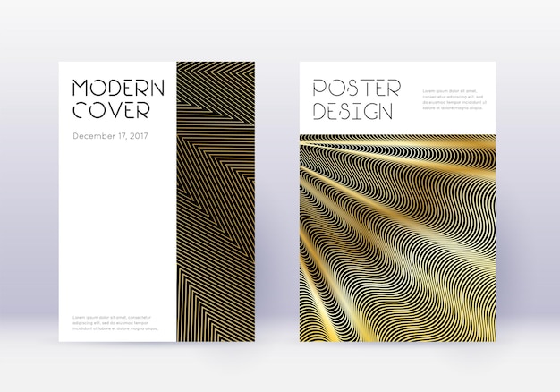 Conjunto de modelo de design de capa mínima. linhas abstratas douradas sobre fundo preto. desenho curioso da capa. excelente catálogo, pôster, modelo de livro etc.