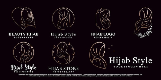 Conjunto de modelo de design de logotipo hijab com estilo de arte de linha e elemento criativo vetor premium