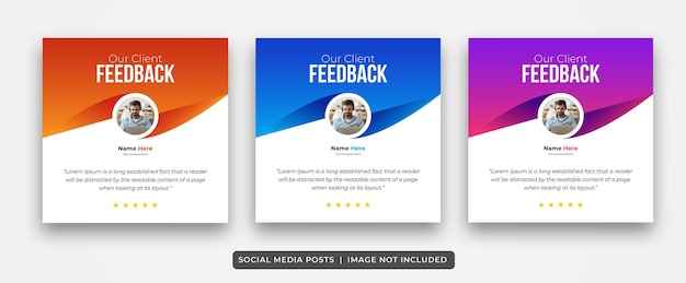 Conjunto de modelo de design de postagem de mídia social de feedback do cliente, depoimento do cliente com modo de tamanho quadrado