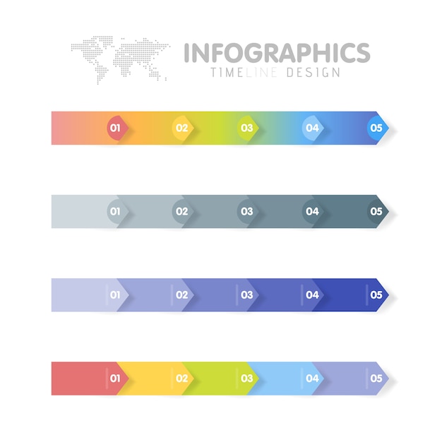 Conjunto de modelo de infográficos de negócios. linha do tempo com 5 etapas de seta, cinco opções numéricas.