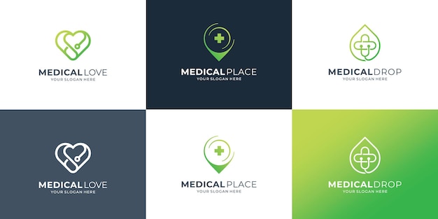 Conjunto de modelo de logotipo médico criativo local de amor médico solta logotipo médico marcando conjunto moderno