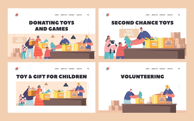 Conjunto de modelo de página de destino de doação de brinquedos família com crianças trazendo brinquedos para caridade para apoiar órfãos