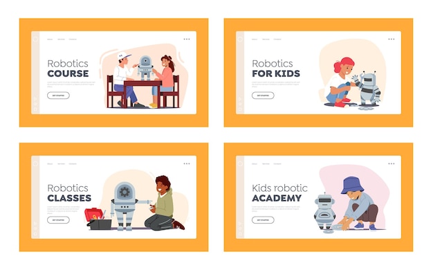 Conjunto de modelo de página de destino de robôs de programação de crianças. Engenharia para crianças, crianças aprendem ciência, atividades mecânicas, conceito educacional de classes de desenvolvimento precoce. Ilustração vetorial de pessoas dos desenhos animados