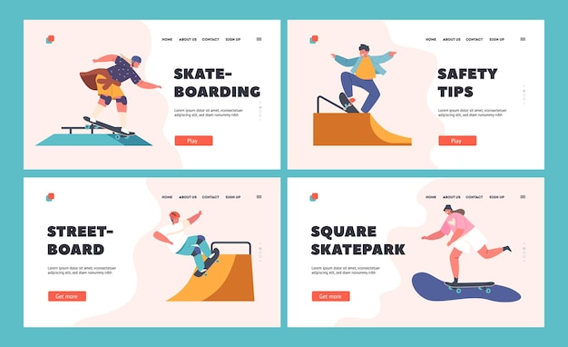 Conjunto de modelo de página de destino de skates de patinação para crianças adolescentes ou pré-adolescentes skatistas em longboards vida de cultura urbana