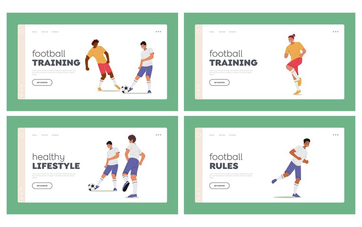 Vetor conjunto de modelo de página de destino do torneio de futebol equipes de jogadores de futebol usam jogo de jogo uniforme na ilustração de campo