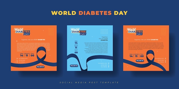 Conjunto de modelo de postagem de mídia social para o design do Dia Mundial do Diabetes com design de fita azul