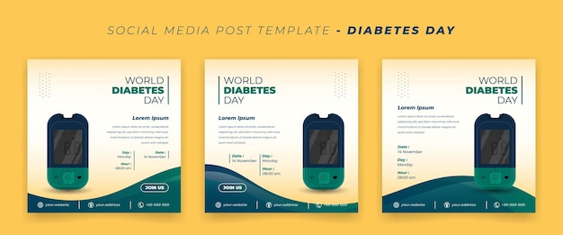 Conjunto de modelo de postagem de mídia social para o dia mundial do diabetes com design de medidor de glicose