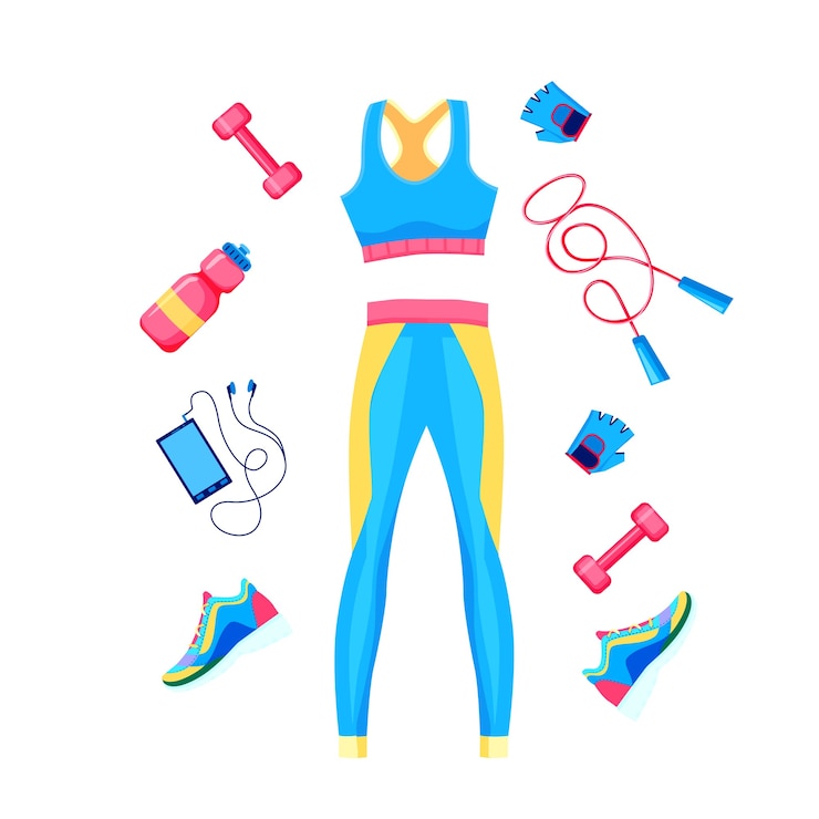 Vetor conjunto de modelo de pôster feminino de equipamento de fitness feminino, leggins, haltere, corda e tênis