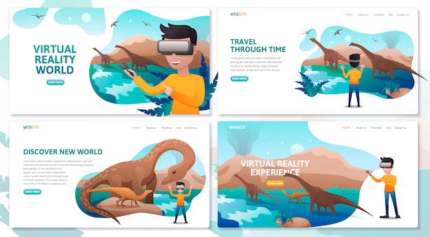 Conjunto de modelo de site de página de aterrissagem de tecnologia de realidade virtual, um garoto usando fone de ouvido vr no período dos dinossauros, conceito de ilustração plana para web design e desenvolvimento, app vr tecnologia