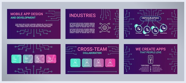 Vetor conjunto de modelos de apresentação de design e desenvolvimento de aplicativos móveis