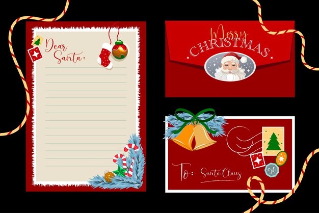 Conjunto de modelos de artigos de papelaria de Natal, envelopes de cartas e cartões postais