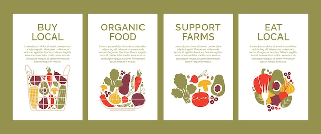 Conjunto de modelos de banner com comida local vegana orgânica e saudável tigela de cesta de saco ecológico