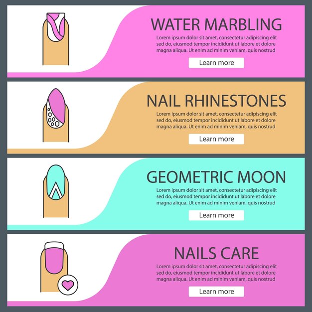 Vetor conjunto de modelos de banner da web de manicure. marmoreio de água, strass, manicure geométrica da lua, unha com formato de coração. itens de menu de cores do site. conceitos de design de cabeçalhos de vetor