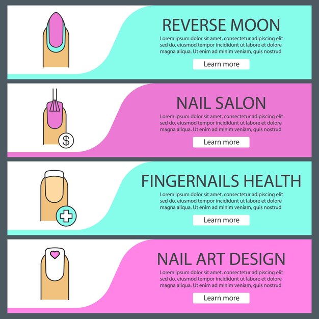 Conjunto de modelos de banner da web de manicure. Preço do esmalte, saúde das unhas, manicure da lua reversa, unha feminina com formato de coração. Itens de menu de cores do site. Conceitos de design de cabeçalhos de vetor