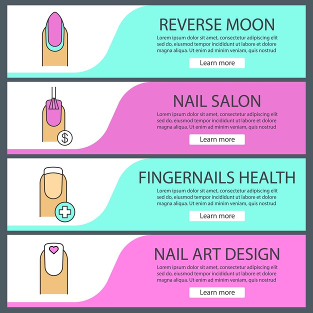 Vetor conjunto de modelos de banner da web de manicure. preço do esmalte, saúde das unhas, manicure da lua reversa, unha feminina com formato de coração. itens de menu de cores do site. conceitos de design de cabeçalhos de vetor