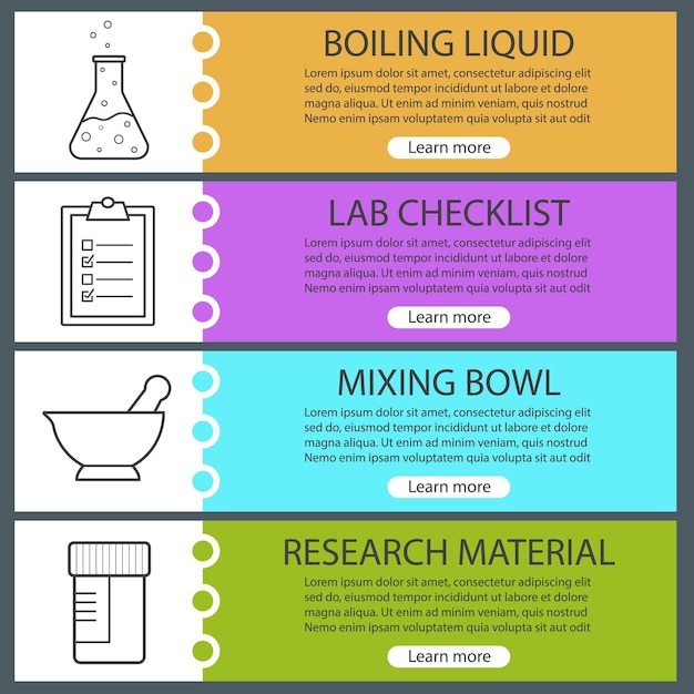 Conjunto de modelos de banner de laboratório de ciências. almofariz e pilão, frasco de exames médicos, líquido fervente, lista de verificação de laboratório. itens de menu do site com ícones lineares. bandeira de cor da web. conceitos de design de cabeçalhos vetoriais