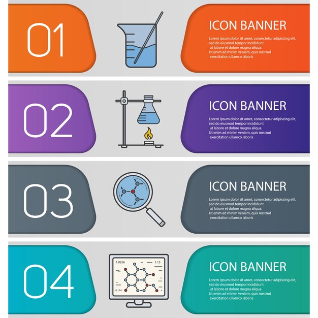 Conjunto de modelos de banner de laboratório químico. copo com haste, ciência molecular e análise, suporte de anel com frasco. itens do menu do site. bandeira de cor da web. conceitos de design de cabeçalhos vetoriais