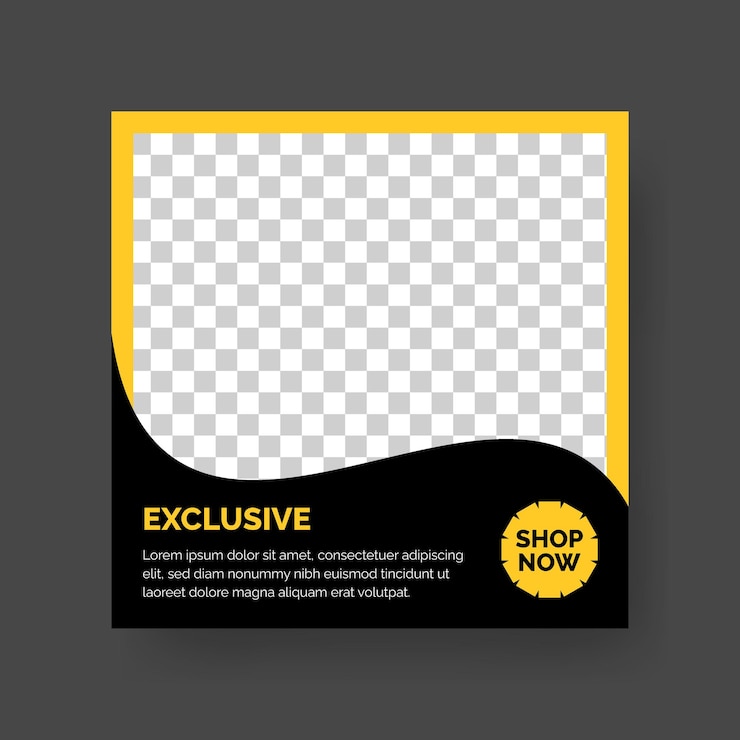 Vetor conjunto de modelos de banners quadrados mínimos editáveis de cor de fundo preta e amarela com linha de listras