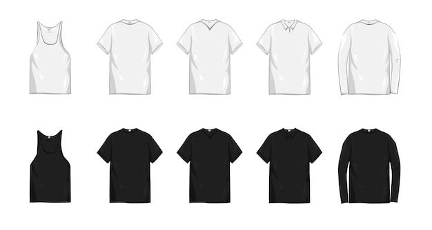 Conjunto de modelos de camiseta cor preto e branco isolado