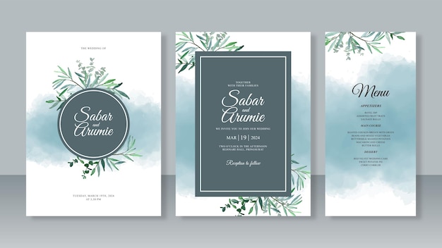 Conjunto de modelos de cartão de convite de casamento com aquarela de folhas e respingos