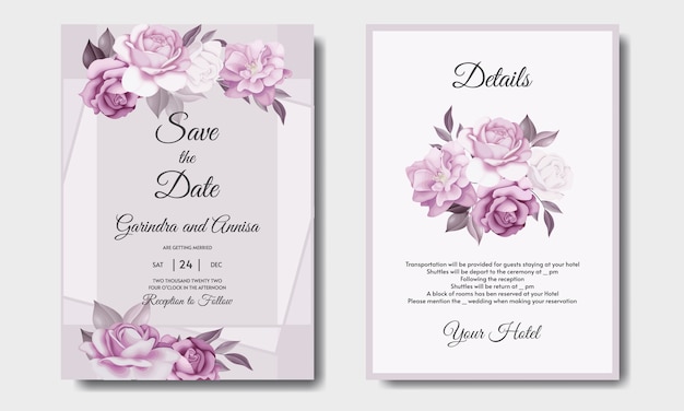 Conjunto de modelos de cartão de convite de casamento com lindo quadro floral
