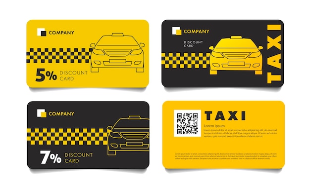 Conjunto de modelos de cartões de desconto para serviço de táxi com ilustração linear de carro em preto e amarelo