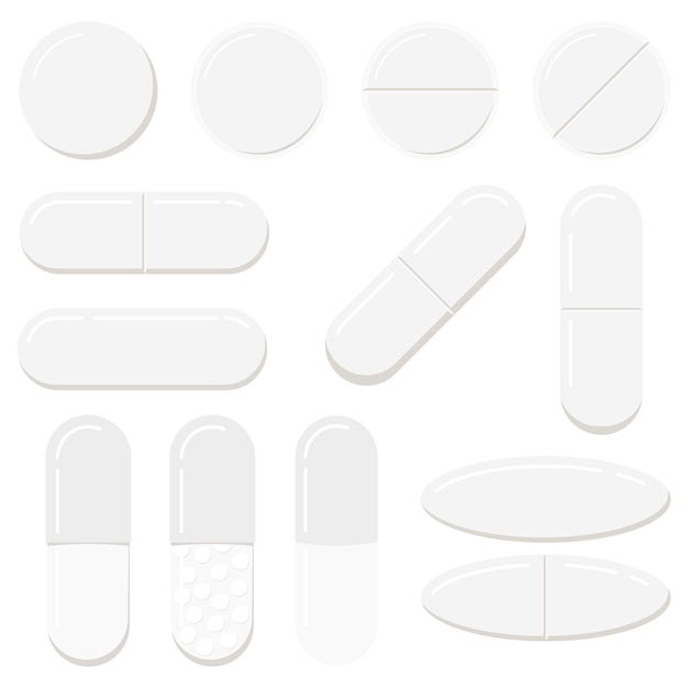Conjunto de modelos de comprimidos e cápsulas isolado no fundo branco. Comprimidos de medicamentos brancos de diferentes formas - redondos e oblongos, coleção de medicamentos oval. Ilustração em vetor design plano ícone do estilo dos desenhos animados.