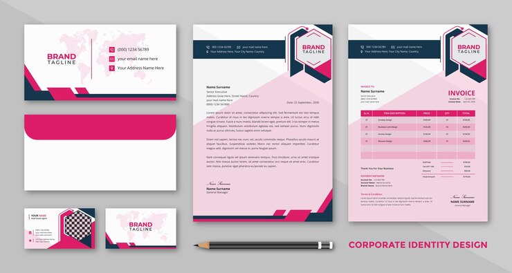 Vetor conjunto de modelos de design de artigos de escritório corporativos com cartões de visita e papel de carta
