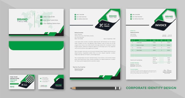 Vetor conjunto de modelos de design de artigos de escritório corporativos com cartões de visita e papel de carta