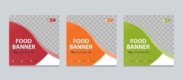 Conjunto de modelos de design de banners de alimentos comerciais quadrados editáveis